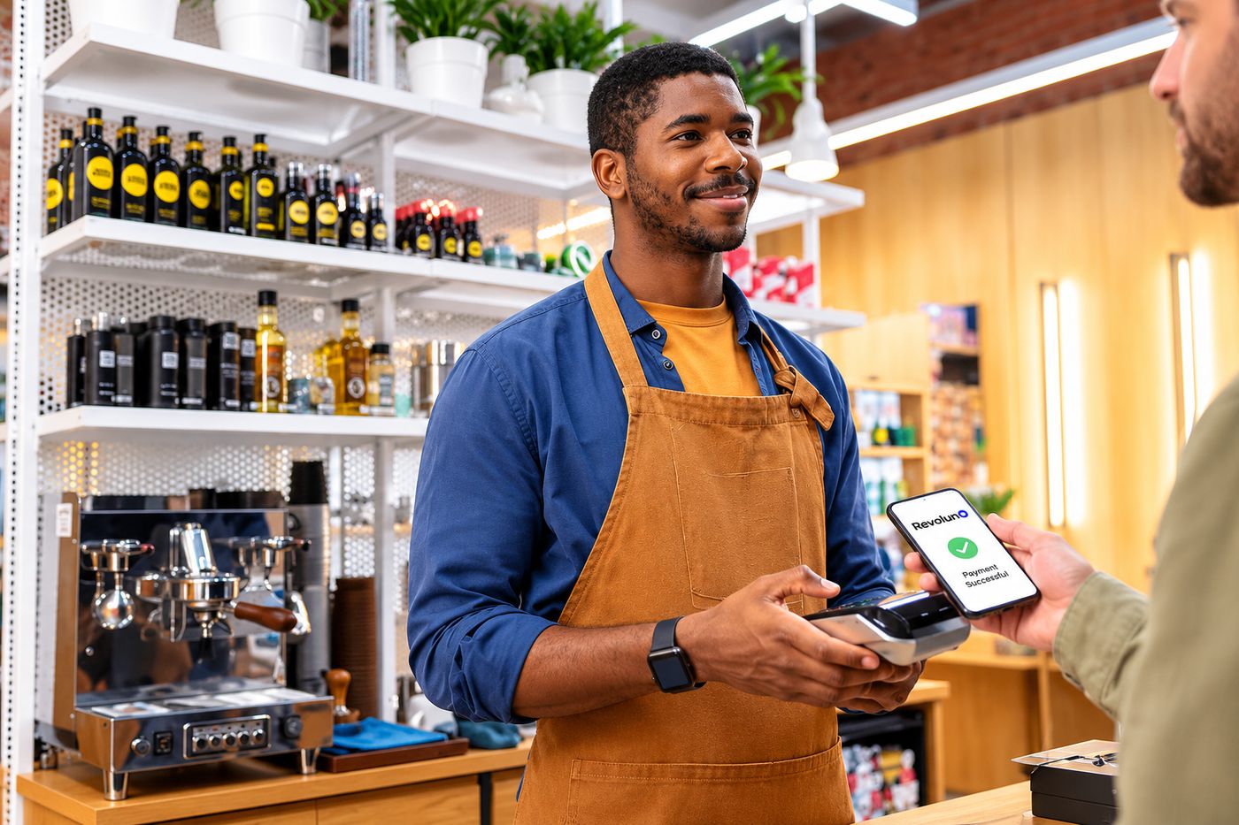 A shop assistant holds a card terminal while a customer pays with a phone at the counter